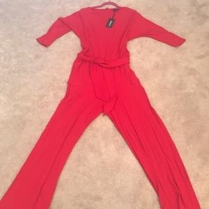 Firecracker Red Crepe Jersey Sashed Jumpsuit